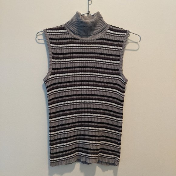 Vintage 90s cotton sleeveless turtle neck top with black and grey stripes XXS XS - Picture 1 of 2